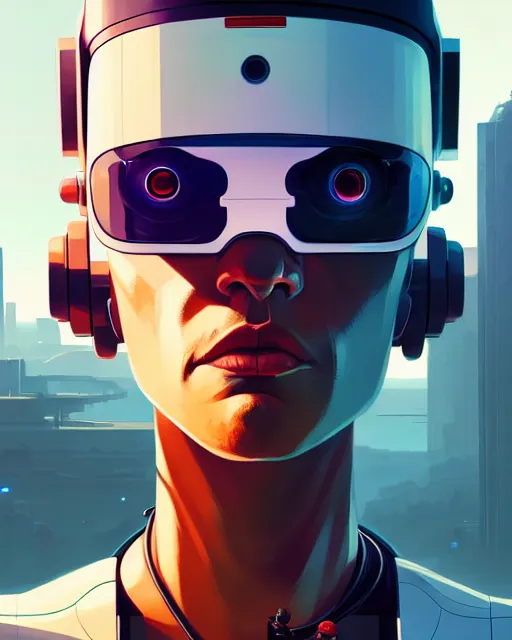 Prompt: hyper - realistic portrait of a futuristic robot, gta v cover art, celshading, sharp focus, intricate, detailed, rhads, andreas rocha, makoto shinkai, lois van baarle, ilya kuvshinov, greg rutkowski, dynamic lighting, grunge aesthetic, 4 k