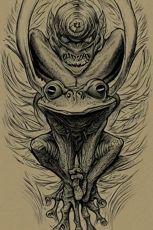 Image similar to frog goblin, symmetrical, goblin, highly detailed, digital art, sharp focus, trending on art station, kentaro miura manga art style