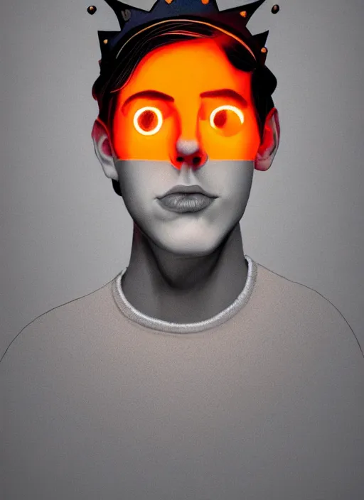 Image similar to portrait of teenage jughead jones wearing a light grey crown, symmetrical crown, sweater with picture of hamburger, eyes closed, crown, black hair, orange, intricate, elegant, glowing lights, warm lighting, highly detailed, digital painting, artstation, concept art, smooth, sharp focus, illustration, art by wlop, mars ravelo and greg rutkowski