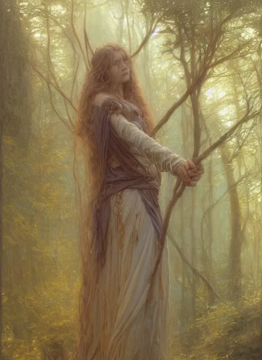 Image similar to A druid, by Jean Delville and Sophie Anderson and Mandy Jurgens, golden ratio, perfect composition, elegant, no crop, extremely detailed, hd, masterpiece, artstation