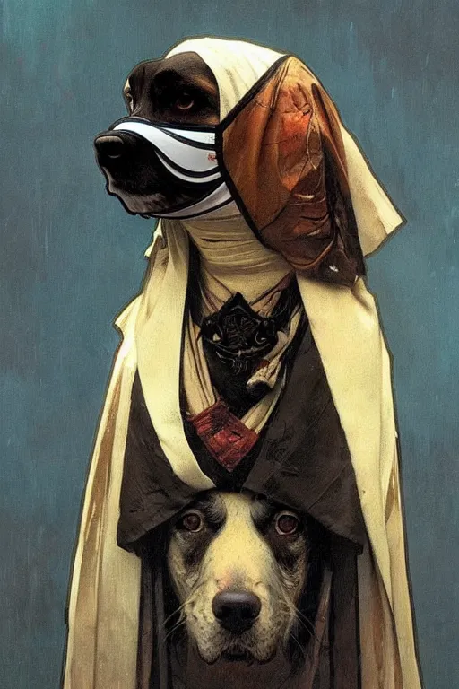 Prompt: Dog wearing mask by greg rutkowski and alphonse mucha