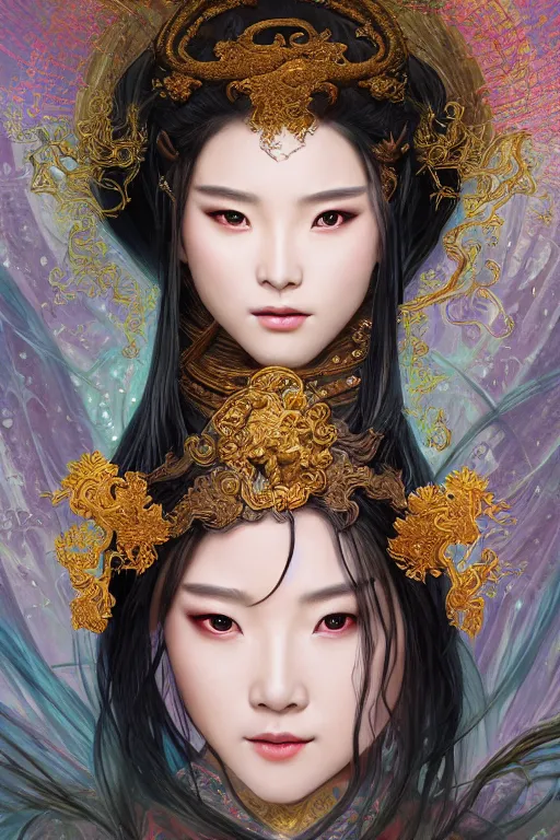 Prompt: beautiful ancient fantasy portrait of wuxia heroine like tzuyz twice, n forbidden City, hybrid from Dynasty Warriror, flowers sea rainning everywhere, intricate, very very beautiful, elegant, highly detailed, digital painting, beautiful glowing galaxy eyes, artstation, fantasy concept art, smooth, sharp focus, illustration, art by tian zi and alphonse mucha and WLOP