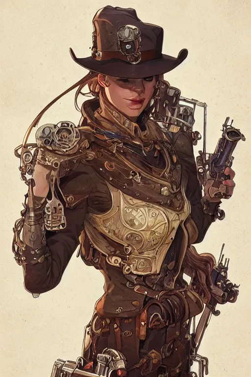 Image similar to steampunk half - cyborg, western gunslinger, smooth, sharp focus, illustration, highly detailed, digital painting, artstation, concept art, by disney animation, rossdraws, alphonse mucha, frank fanzzeta, collectible card art