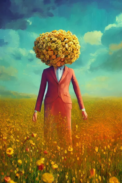 Image similar to closeup, giant flower head, girl in suit standing in a field of flowers, surreal photography, sunrise, blue sky, dramatic light, impressionist painting, digital painting, artstation, simon stalenhag