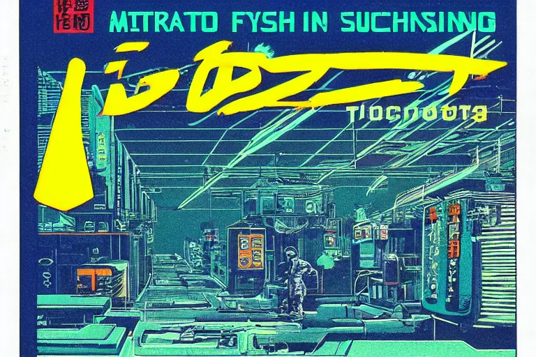 Image similar to 1 9 7 9 edition of automated tokyo fish processing plant. art in the style of vincent di fate's cyberpunk 2 0 2 0.