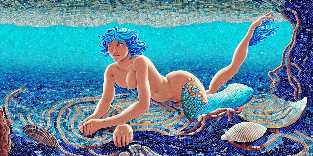 Image similar to ancient roman mosaic of bluehair mermaid with a shell bikini on sea floor, low ceiling, illustration by moebius, rhads, dan mumford, victo ngai, clean thick line, comics style