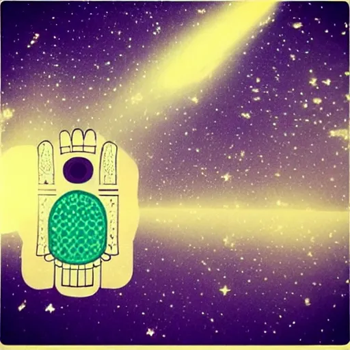 Prompt: “a spaceship in the shape of hamsa is flying among the stars”