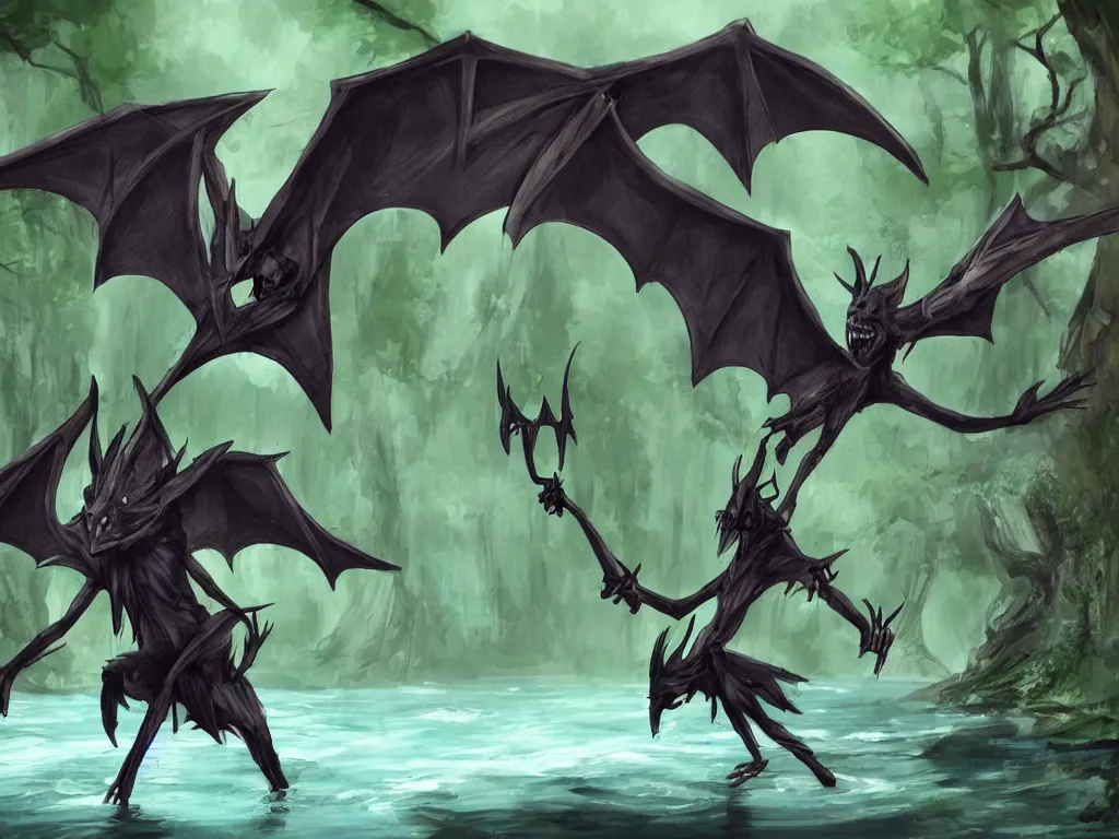 Prompt: concept art creature with bat wings and diabolic drinking water from a river in the forest