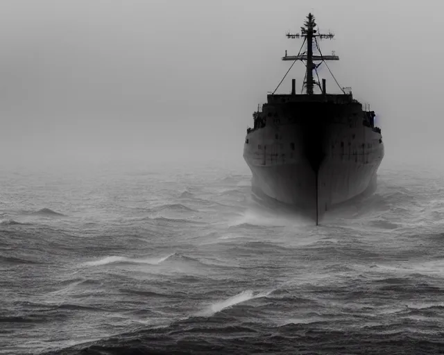 Image similar to photo of a big ship on a stormy ocean, cthulhu's silhouette in the back hidden in the fog, coming closer