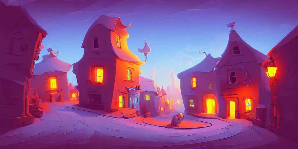 Image similar to curled perspective digital art of curvy clouds in a small village with a cobblestone street by anton fadeev from nightmare before christmas