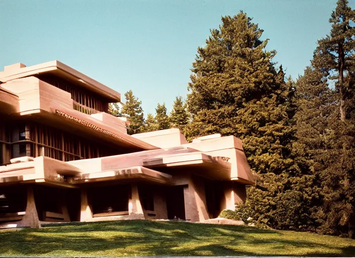 Prompt: photograph of a frank lloyd wright house in front of beautiful mountains by ansel adams, 2 0 0 mm, color film camera, pentax