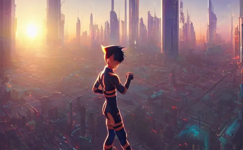 Image similar to The Cybertronic city of anime character Astroboy, panoramic city scape, golden hour sunlight, award winning painting, artstation, concept art, digital painting, Unreal Engine 5, 8K, art by artgerm and greg rutkowski and makoto shinkai and alphonse mucha and ross tran