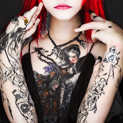 Image similar to japanese gothic model with maximalist hair style and kanji tattoos, dark colors, fashion model, portrait shot, depth of field, 8 k, hyper detailed, intricate, trending on artstation