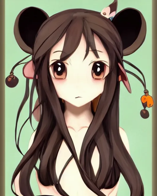 Image similar to A cute wakfu-style frontal painting of a very very beautiful anime skinny mousegirl with long wavy brown colored hair and small mouse ears on top of her head wearing a cute black dress and black shoes looking at the viewer, elegant, delicate, feminine, sharp focus, higly detailed, smooth , pixiv art, ArtStation, artgem, art by alphonse mucha Gil Elvgren and Greg rutkowski, high quality, digital illustration, concept art, very long shot