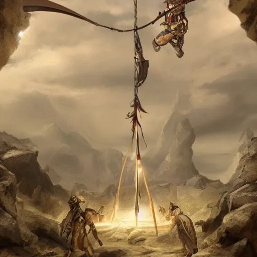 Image similar to Soldiers dressed in ancient times pushed a huge pendulum,digital art,trending on artstation,epic perspective.