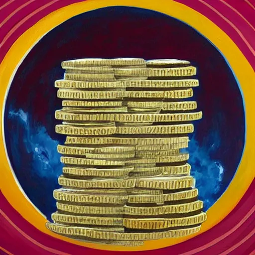 Prompt: a painting of a giant stack of coins heading towards the moon