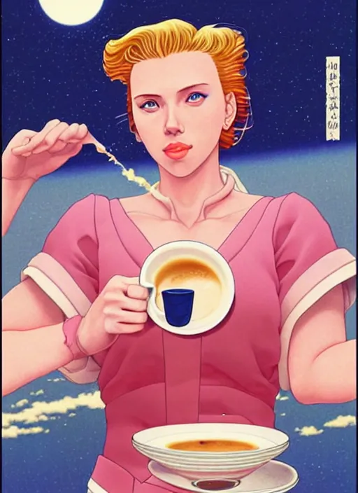 Image similar to realistic portrait of scarlett johansson as a sailor moon, making the coffee, early morning, light falling on face, futuristic, highly detailed, 8 0 - s style poster, sharp focus, illustration, art by kawase hasui,