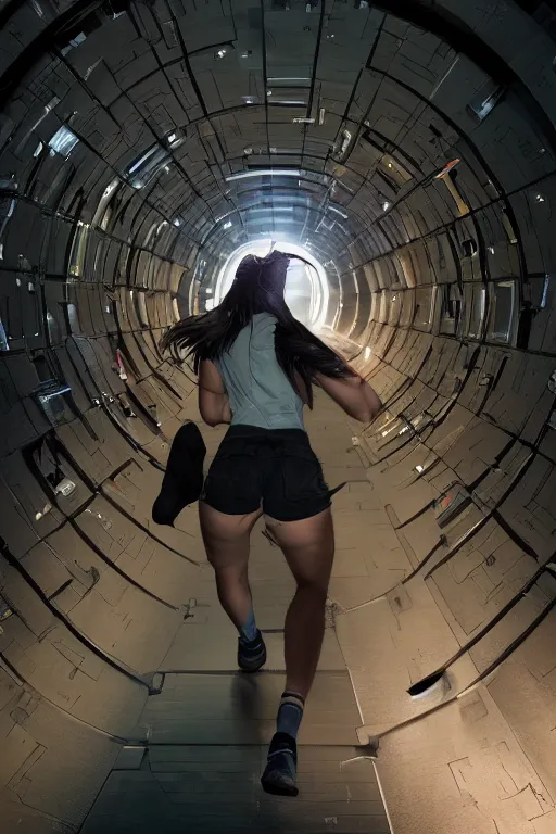 Image similar to cute girl running in hadron collider tunnel, by greg rutkowski and raymond swanland, sharp focus, trending on artstation, cinematic lighting