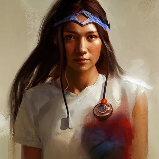 Image similar to Portrait of a Modern Native American Goddess as a nurse, white lighting, digital art by Ruan Jia and Mandy Jurgens and Artgerm, highly detailed, trending on artstation, award winning,