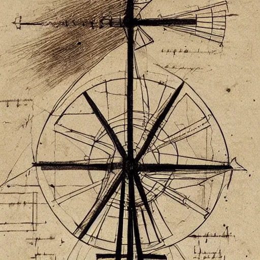 Prompt: old pencil sketch by leonardo da vinci blueprint! of a windmill, very detailed technical sketch, blueprint with annotation, quotes, written dimensions, monochromatic, sepia tones, old paper