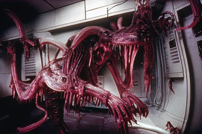 Image similar to peppa the pig infected by xenomorph from movie alien 1 9 7 9, staying at nostromo spaceship. extreme long shot, cinestill, giger, hermann nitsch, dark colors