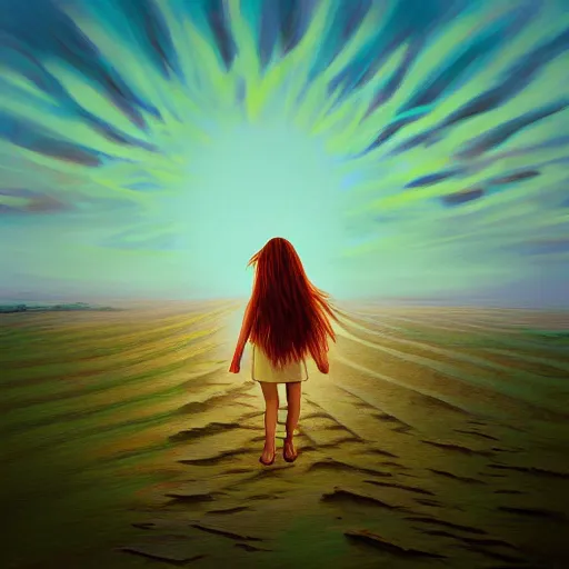 Prompt: closeup giant dahlia flower head, a girl walking between dunes, surreal photography, sunrise, blue sky, dramatic light, impressionist painting, digital painting, artstation, simon stalenhag