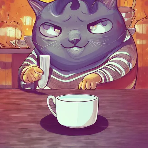 Prompt: angry fat cat full of rage clutching a cup of tea angrily, by cyril rolando and naomi okubo and dan mumford and ricardo bofill, HD, 4k