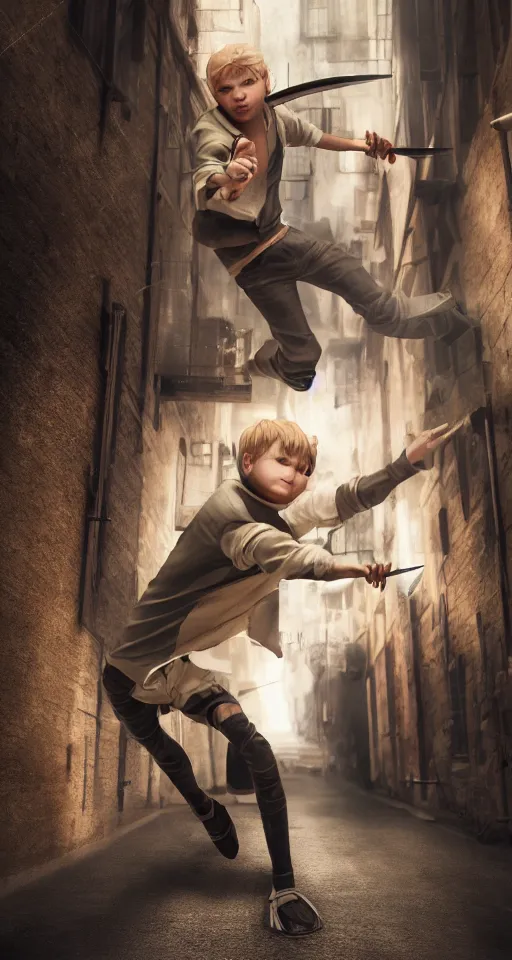 Image similar to A young blonde boy thief with daggers fighting in an alleyway , octane render, high detail, photorealistic, High details,4k