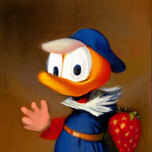 Prompt: a portrait of donald trump earing strawberries with donald duck, painted by rembrandt