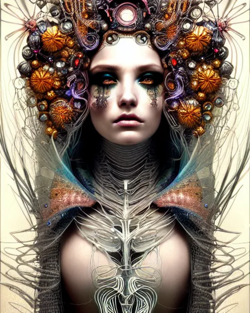 Image similar to hyperrealistic detailed portrait of a beautiful goddess in a cyber headdress, intricate cyberpunk make - up, art by android jones, ernst haeckel, nekro borja, alphonso mucha, h. r. giger, ornamental gothic - cyberpunk,