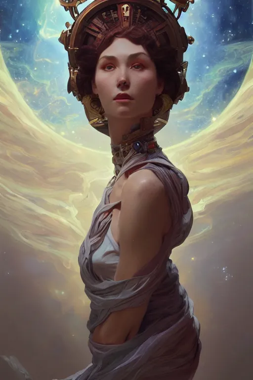 Image similar to goddess of space and time, accurate anatomy, only two hands, highly detailed, digital painting, artstation, concept art, smooth, sharp focus, illustration, Unreal Engine 5, 8K, art by sakimichan and greg rutkowski and alphonse Mucha