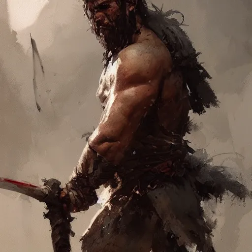 Image similar to Portrait painting of a barbarian warrior by greg rutkowski and Craig Mullins, Dark atmospheric and cinematic lighting