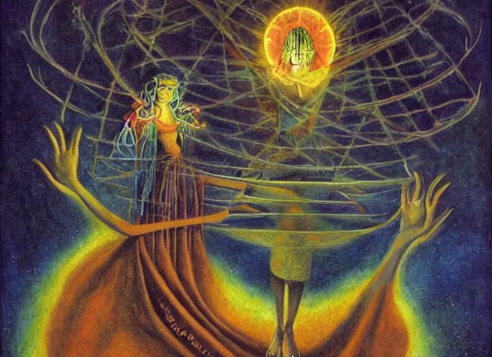 Image similar to a beautiful shaman woman holding up the cosmic!!!!! universe, by remedios varo, reflection, symbolist!, psychedelic colors, dramatic!! lighting, smooth, sharp focus, extremely detailed, aesthetically pleasing composition