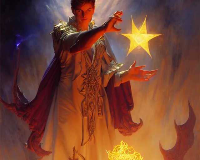 Image similar to attractive male deity, casting demonic magic, summoning handsome lucifer morning star. highly detailed painting by gaston bussiere, craig mullins, j. c. leyendecker 8 k