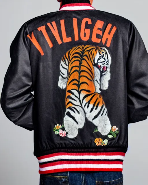 Prompt: photo back of a man wearing baseball jacket with a big japanese tiger and flowers embrodery, dark hangar background, centered, studio lighting, 1 5 0 mm