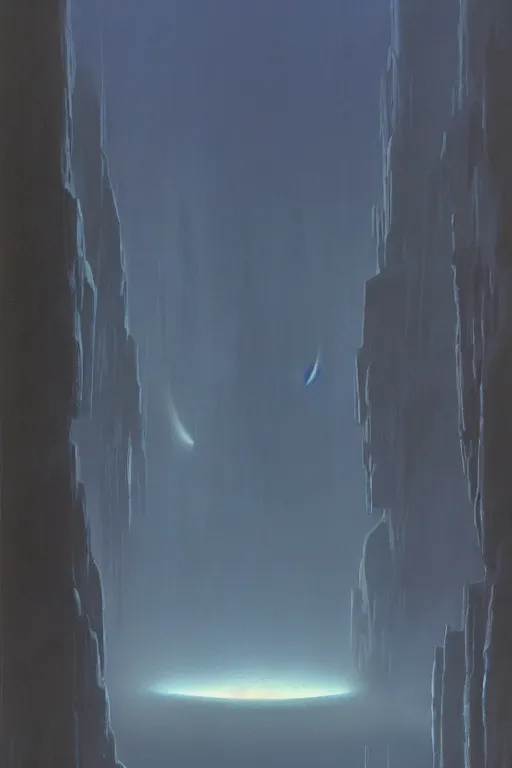 Prompt: ralph mcquarrie, terrence namey, concept art, matte painting, dark epic sci fi landscape dawn mist halo, by dawe gabriel and dean roger