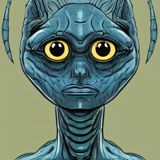 Image similar to portrait of a wide blue alien with reptilian skin. working clothes. character concept art. science fiction illustration. close up face. feature panel from a graphic novel. detailed realistic face, beautiful colour palette. digital painting.