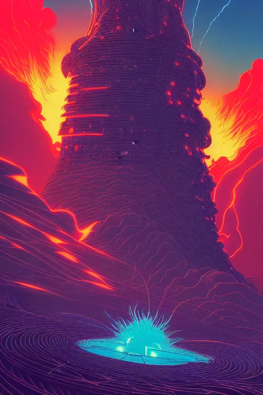 Prompt: artwork by kilian eng and toshi yoshida and moebius showing a futuristic powerstation!! in front of a ( ( exploding volcano ) ), vintage scifi, high details, dramatic lightning,, 8 k