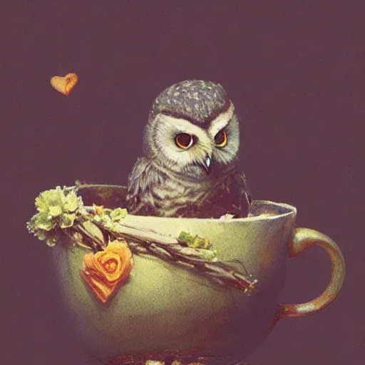 Prompt: long shot of a very cute owl chick nesting in a very romantique cup, by esao andrews, by james jean, marc simonetti, humorous illustration, hyperrealistic, big depth of field, warm colors, night scenery, low light, 3 d octane render, 4 k, conceptart, hyperdetailed, hyperrealistic, trending on artstation