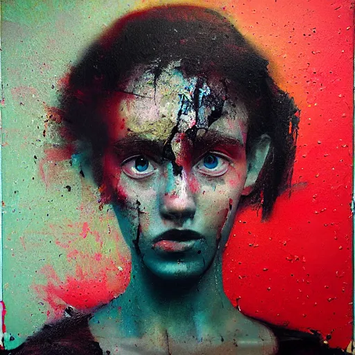 Prompt: portrait of a woman, paint spit on canvas, by lee ellis, highyl detailed, sharp, in focus, matte painting, mixed media