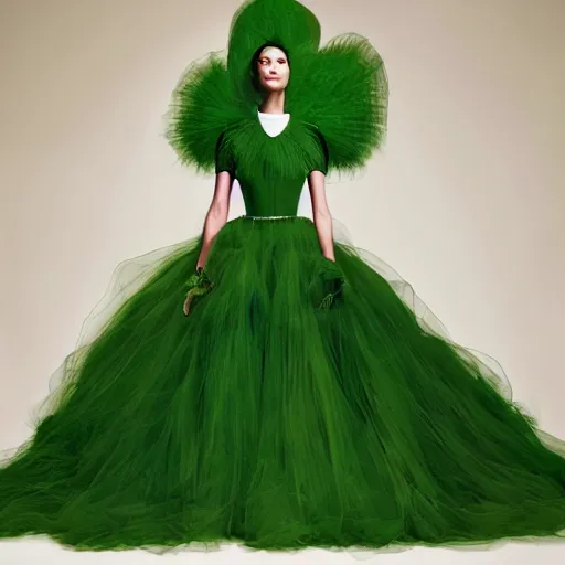 Prompt: Editorial studio photograph of a green Valentino Haute Couture outfit, photographed by Tim Walker