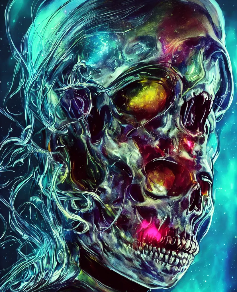 Image similar to close-up macro portrait of the face of a beautiful princess rotten skull in a spaceman suit bob marley, epic angle and pose, symmetrical artwork, 3d with depth of field, blurred background, cybernetic jellyfish female face skull phoenix bird, translucent, nautilus, energy flows of water and fire. a highly detailed epic cinematic concept art CG render. made in Maya, Blender and Photoshop, octane render, excellent composition, cinematic dystopian brutalist atmosphere, dynamic dramatic cinematic lighting, aesthetic, very inspirational, arthouse. y Greg Rutkowski, Ilya Kuvshinov, WLOP, Stanley Artgerm Lau, Ruan Jia and Fenghua Zhong