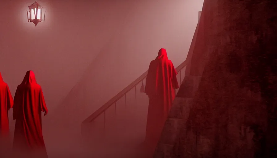 Prompt: figures in red cloaks ascend huge creepy fantasy stairs, photorealistic rendering, cinematic, movie still, by denis villeneuve, volumetric magical lighting