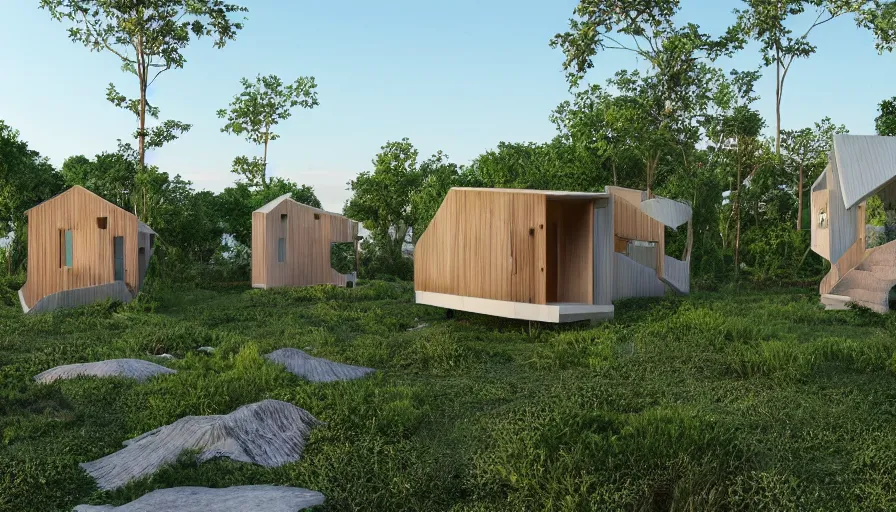 Image similar to An architectural rending of an eco-community neighborhood of innovative contemporary 3D printed sea ranch style cabins with rounded corners and angles, beveled edges, made of cement and concrete, organic architecture, in a lush green eco community with side walks, parks and public space , Designed by Gucci and Wes Anderson, golden hour