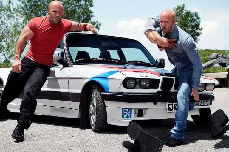 Image similar to Angry Jason Statham lifts BMW e30 in his arms,