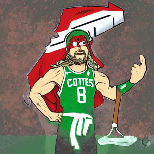 Prompt: Thor watching the Celtics courtside, digital art, holding his hammer