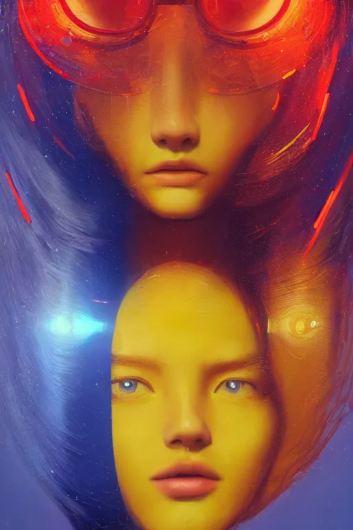 Image similar to 3 d, sci - fi, sun rays, sleepy fashion model face, yellow faces, cinematic, vogue cover style, poster art, light red and deep blue mood, realistic painting, intricate oil painting, high detail, figurative art, multiple exposure, poster art, 3 d, by tooth wu and wlop and beeple and greg rutkowski