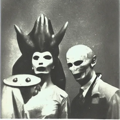 Image similar to polaroid photograph of horrorific extraterrestrial beings visiting earth, 1 9 5 0