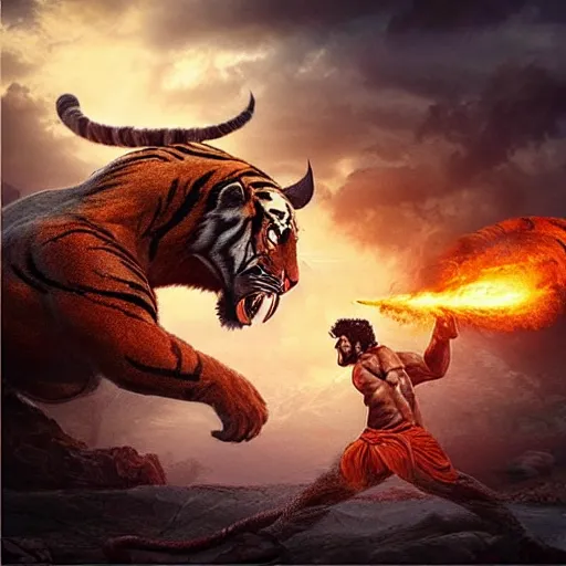 Image similar to “an 8k uhd photorealistic picture of Bahubali fighting a demon tiger at the gates of hell”