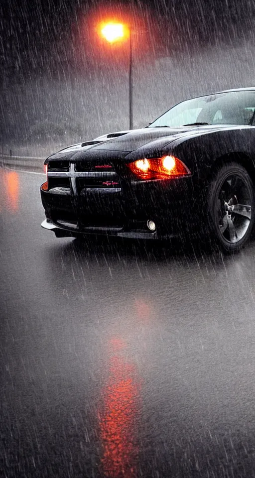 Image similar to photograph of a 2 0 1 1 dodge charger driving down a highway in the rain, dark, gothic, lovecraftian, hyperrealistic, 4 k, highly detailed,